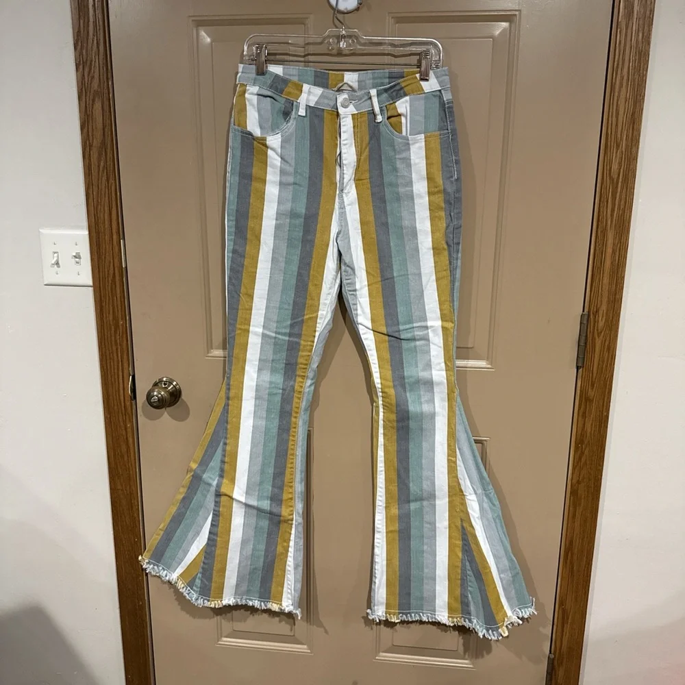 Striped Flare Jeans in Green, Yellow, and White - Picture 1 of 2